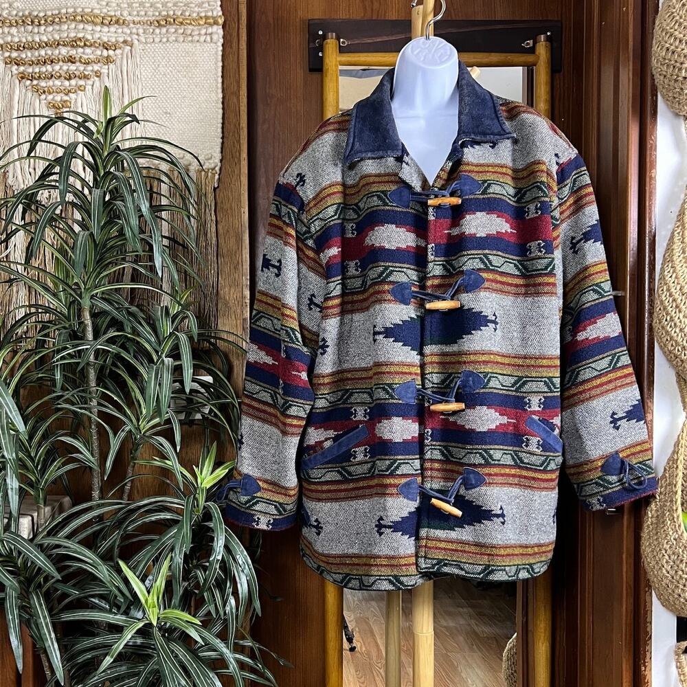 Vintage 90s Kathryn Deene Southwest Blanket Coat Womens 18/20 Wool Blend Toggle
